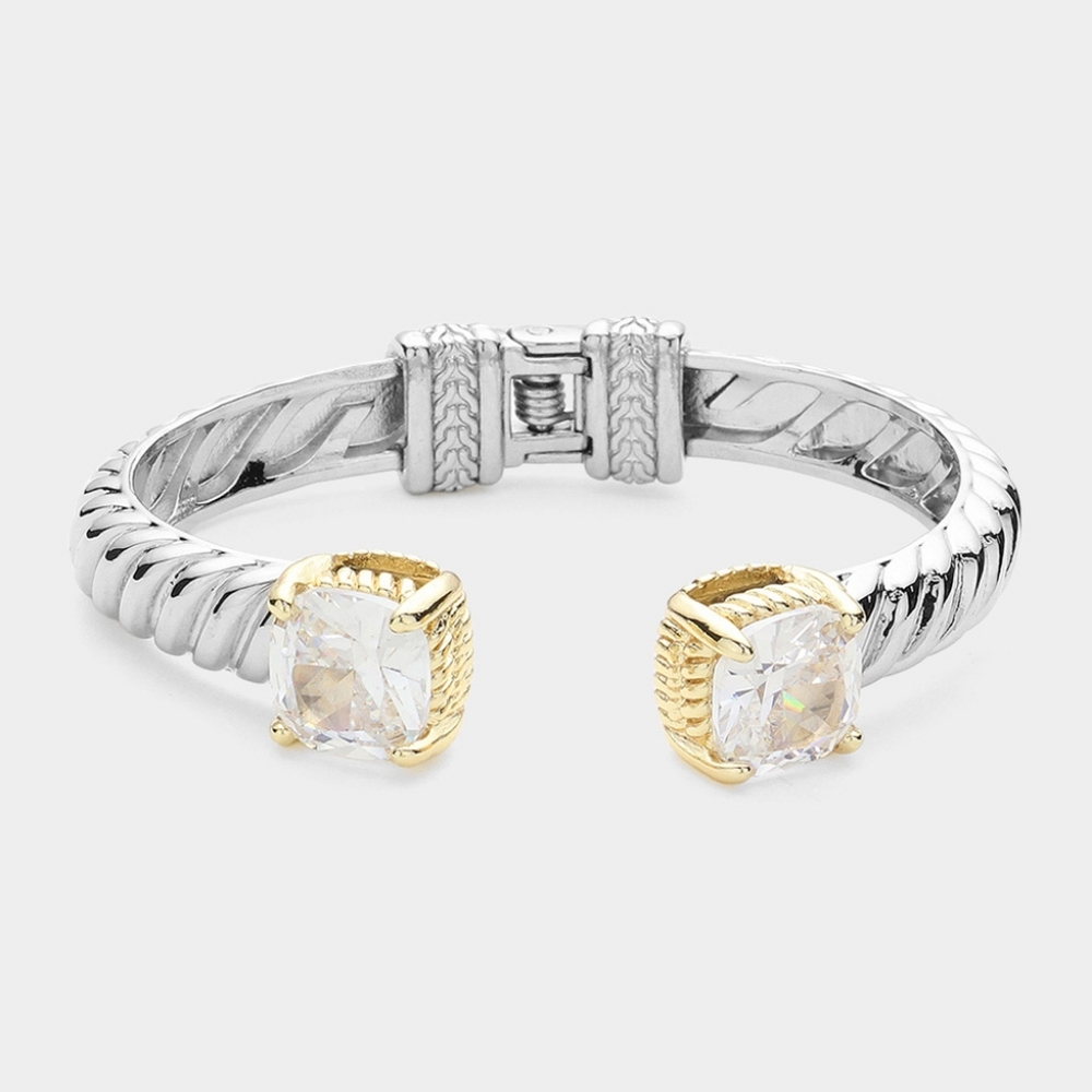 Square Two Tone Clear CZ Stone Tip Twist Cuff Bracelet Bangle Textured Metal
